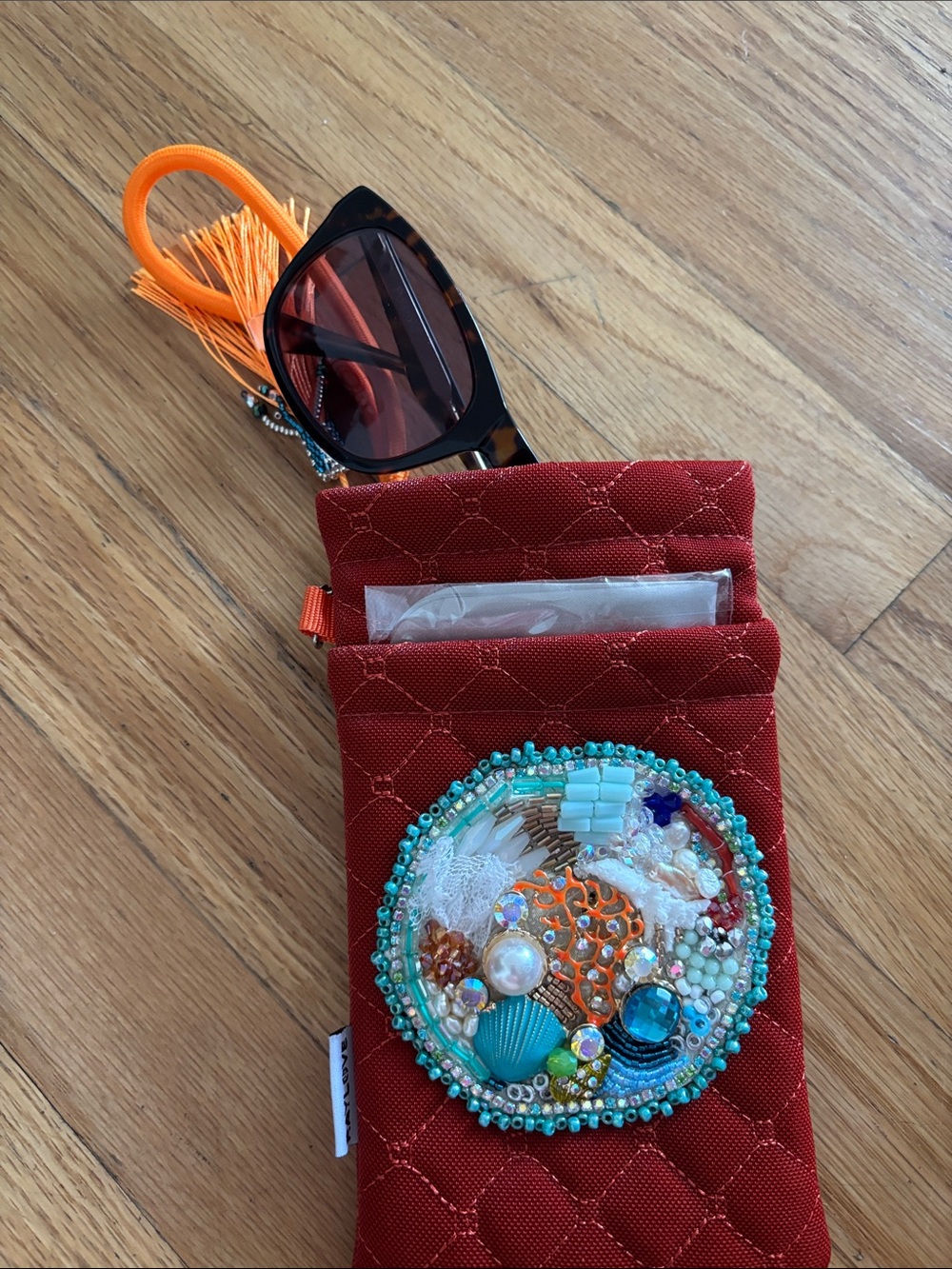 Sunglass pouch Quilted Red Beaded and/or cellphone with Orange Wrist strap